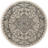 Round ivory and blue patterned rug with ornate central medallion border