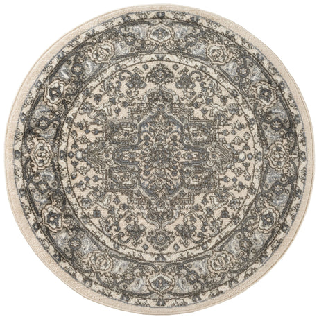 Round ivory and blue patterned rug with ornate central medallion border