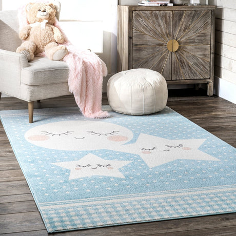 Nuloom Moon And Stars Kids Nursery Nmo2563A Blue Rug.