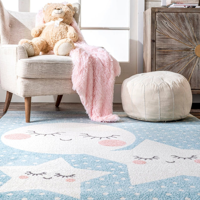 Nuloom Moon And Stars Kids Nursery Nmo2563A Blue Rug.