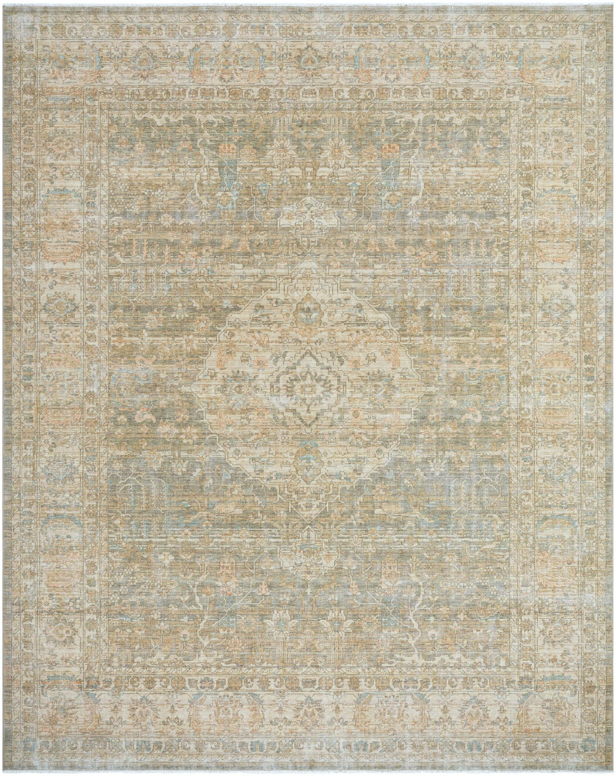 Handmade area rug in light beige with subtle blue ornamental medallion and textured pattern