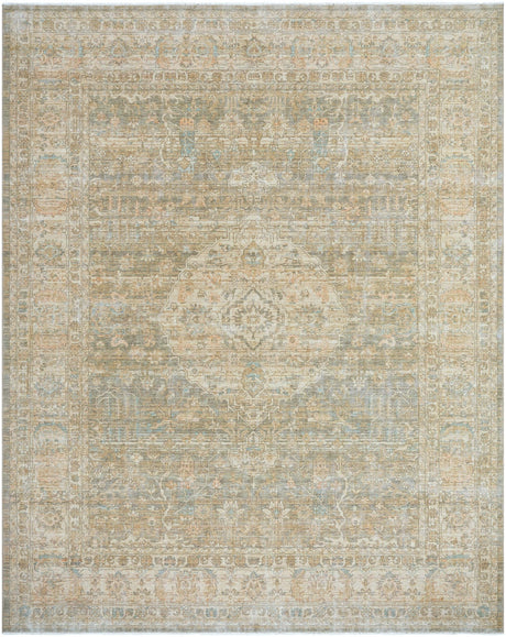 Handmade area rug in light beige with subtle blue ornamental medallion and textured pattern
