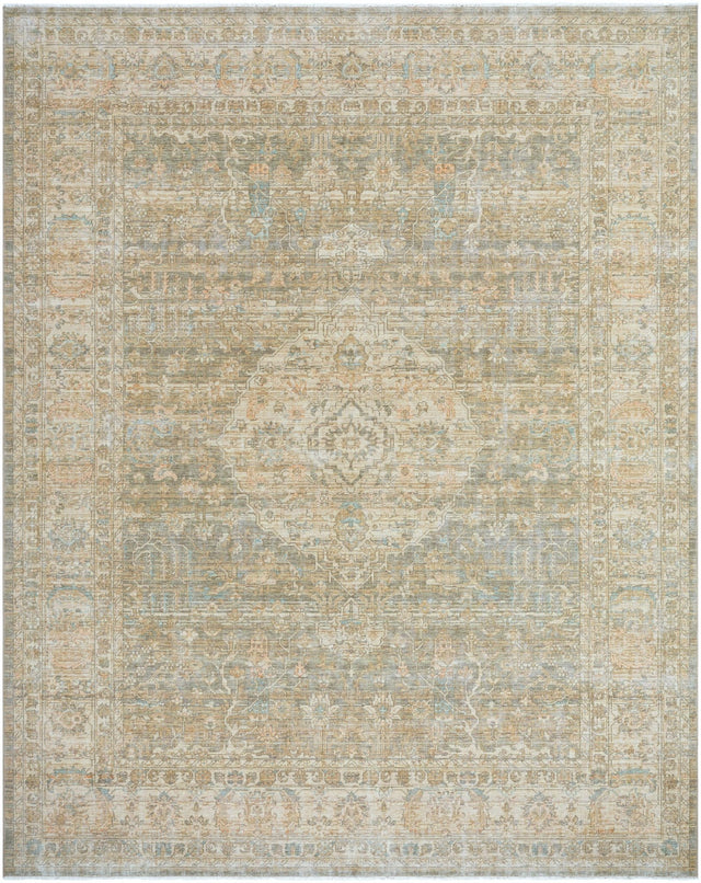 Handmade area rug in light beige with subtle blue ornamental medallion and textured pattern