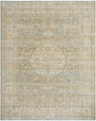 Handmade area rug in light beige with subtle blue ornamental medallion and textured pattern