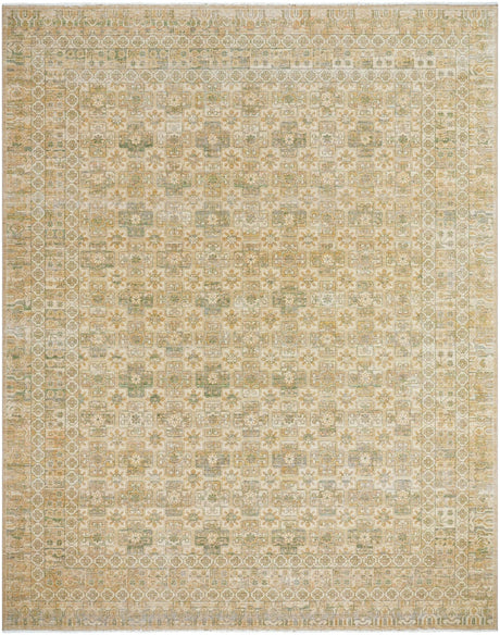 Handmade area rug with ornate geometric motif in beige and sage tones, bordered design
