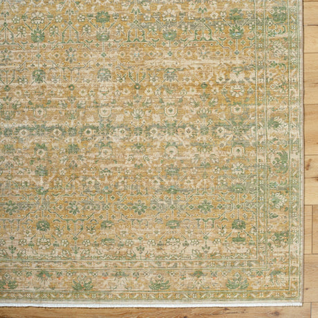 Handmade rug, beige with green and gold ornate medallion pattern and border