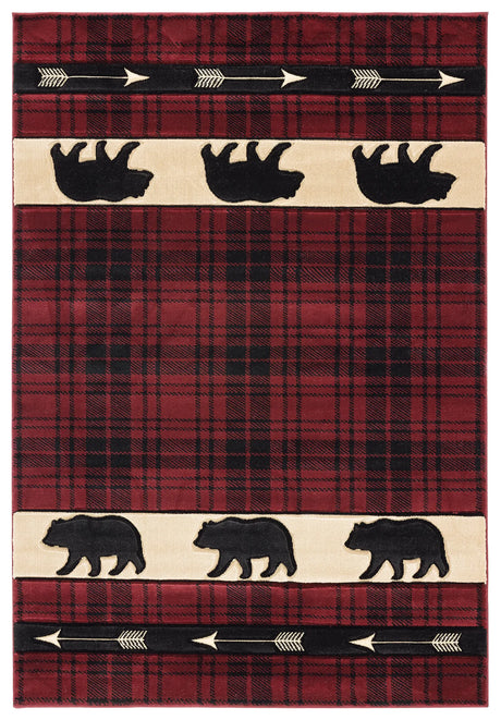 United Weavers Cottage Tartan Bear Burgundy Rug - front view