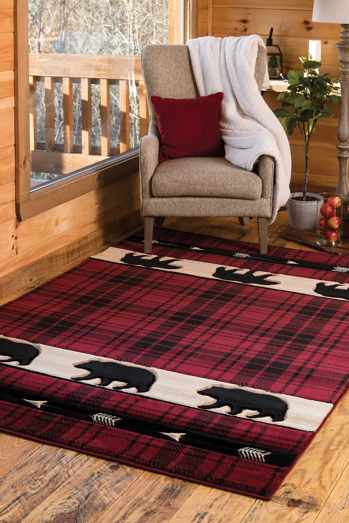 United Weavers Cottage Tartan Bear Burgundy Rug - room scene