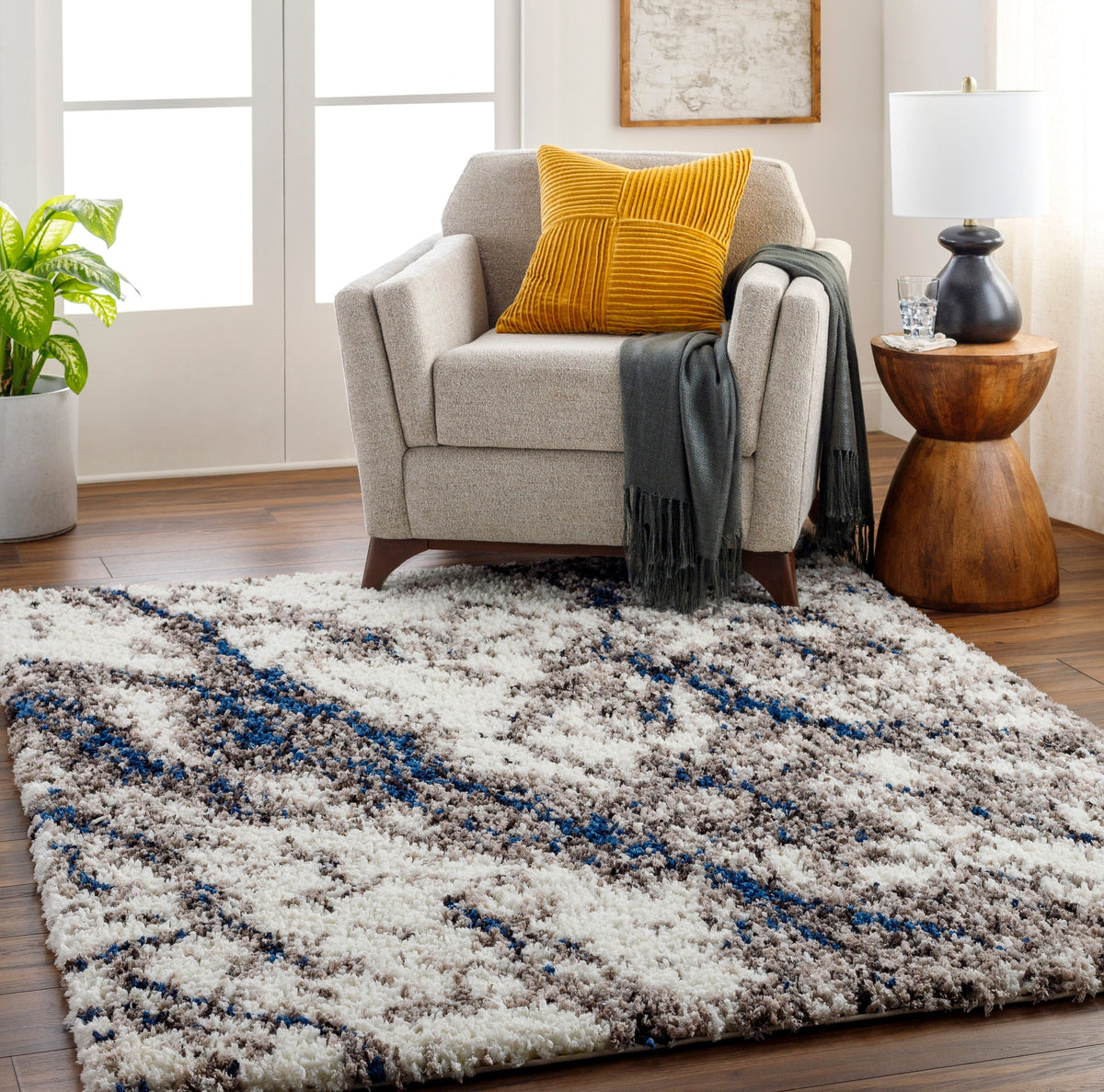 Surya Ultra Shag Utg-2305 Pale Pink, Light Grey, Onyx, Sage, Nickel, Eggplant, Ash, Metallic - Silver Rug.