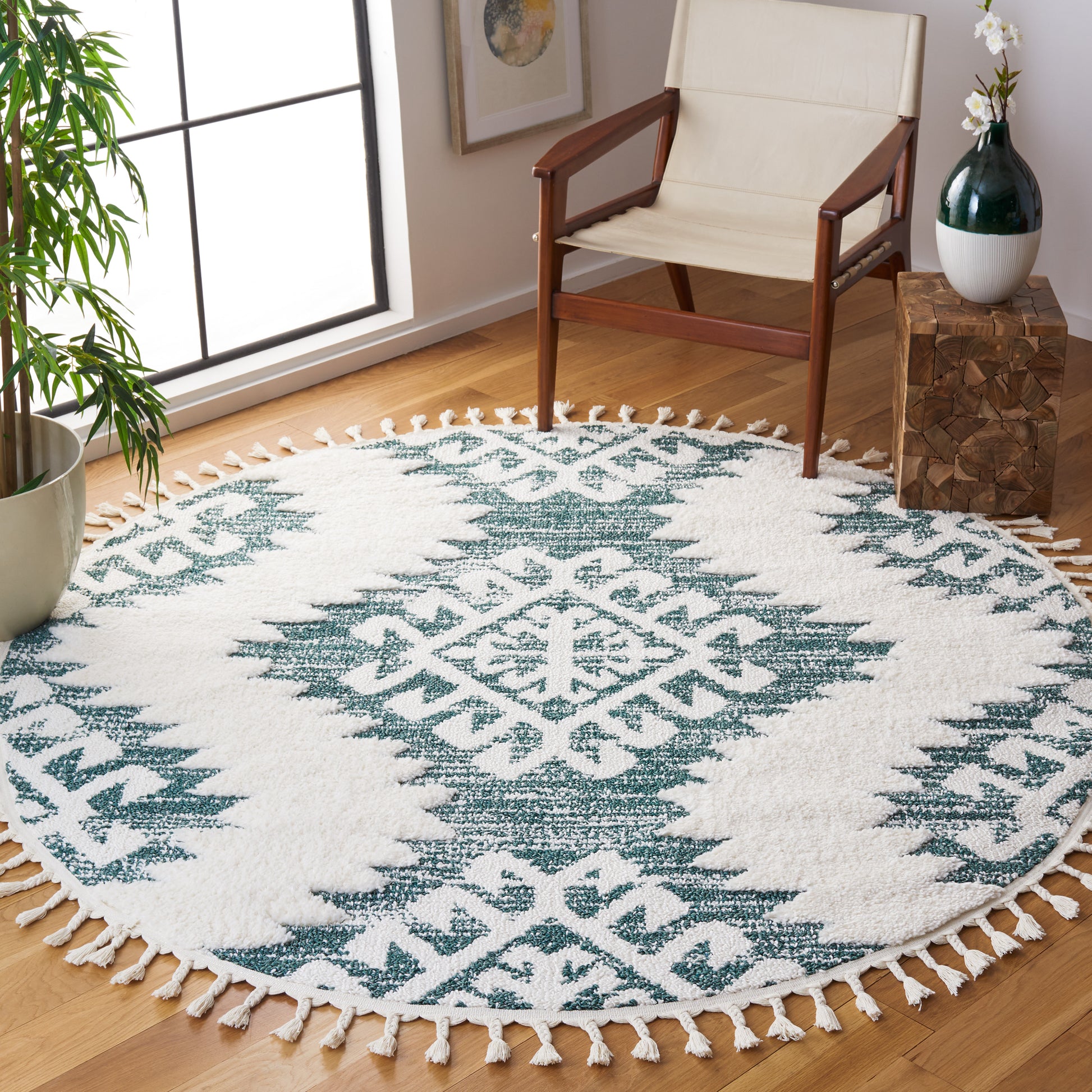 Safavieh Moroccan Tassel Shag Mts652Y Green/Ivory Area Rug