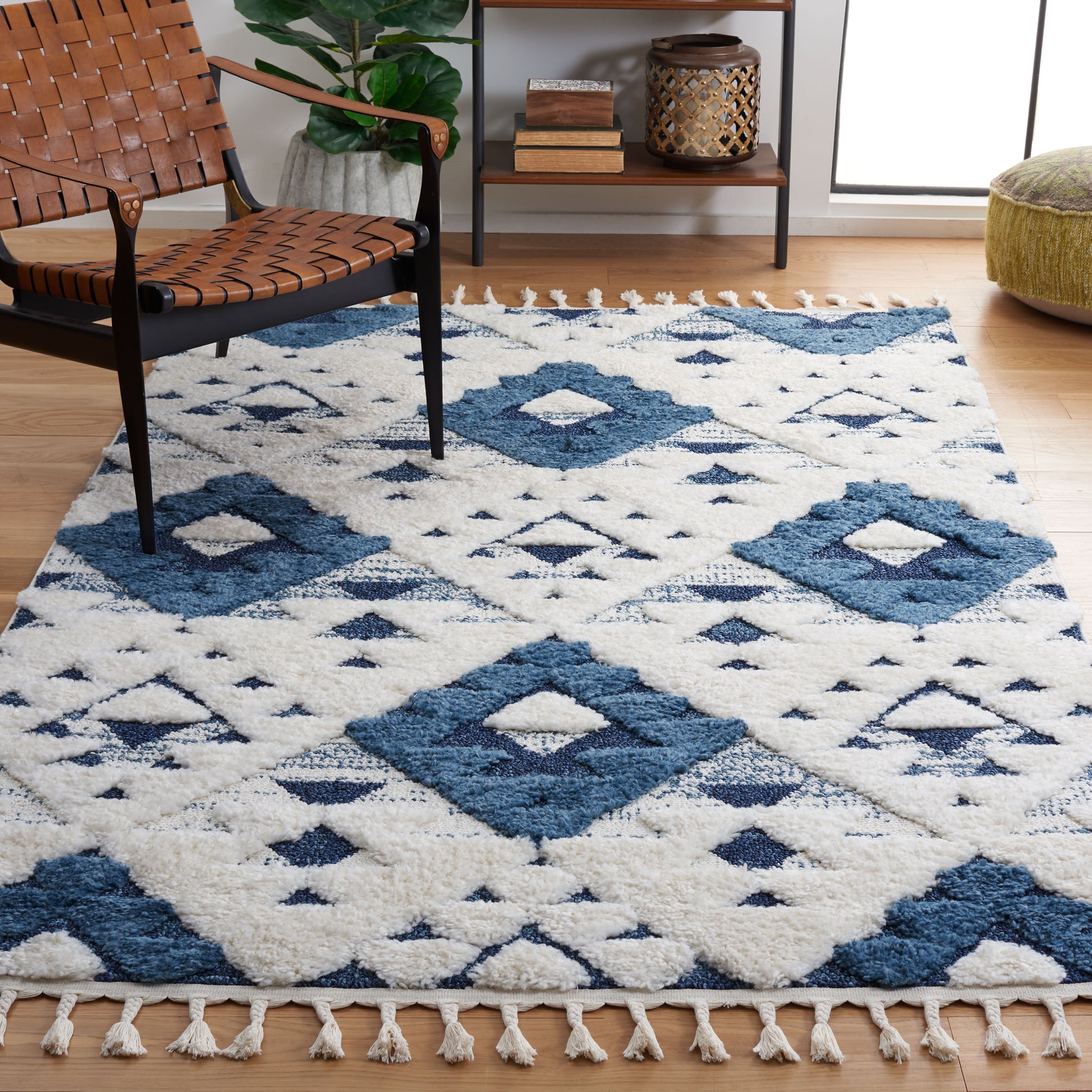 Safavieh Moroccan Tassel Shag Mts688M Blue/Ivory Area Rug