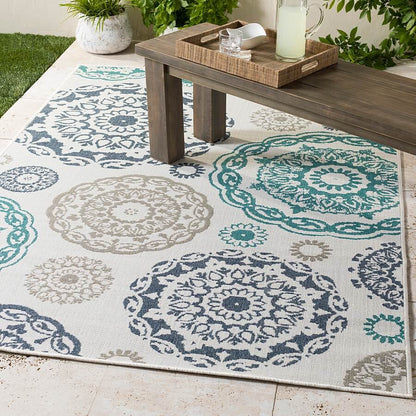 Surya Alfresco Alf-9665 Teal, Charcoal, White, Taupe Geometric Area Rug