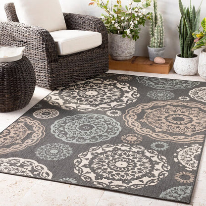 Surya Alfresco Alf-9668 Black, Sea Foam, Camel, Cream Geometric Area Rug