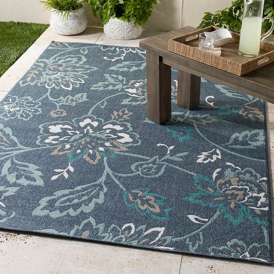 Surya Alfresco Alf-9673 Charcoal, Aqua, Taupe, White, Teal Floral / Country Area Rug