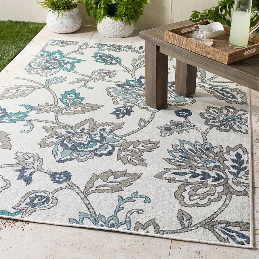 Surya Alfresco Alf-9674 Aqua, Taupe, White, Charcoal, Teal Floral / Country Area Rug