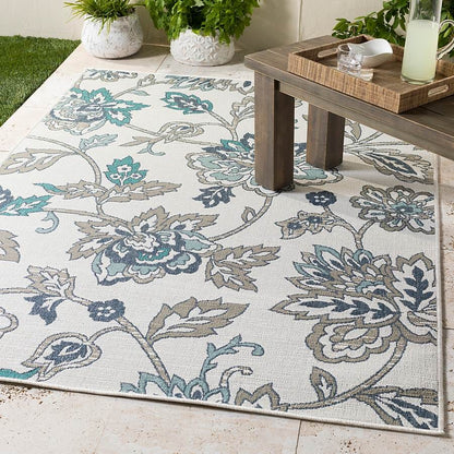 Surya Alfresco Alf-9674 Aqua, Taupe, White, Charcoal, Teal Floral / Country Area Rug