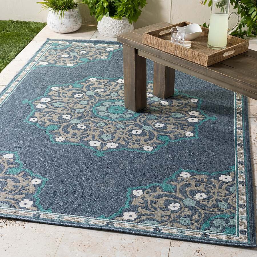 Surya Alfresco Alf-9678 Charcoal, Taupe, Teal, White, Aqua Area Rug