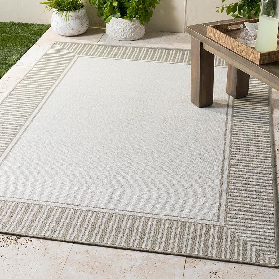 Surya Alfresco Alf-9681 Taupe, White Bordered Area Rug