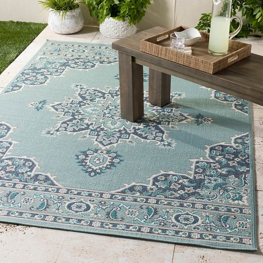 Surya Alfresco Alf-9687 Charcoal, Aqua, Teal, White Area Rug