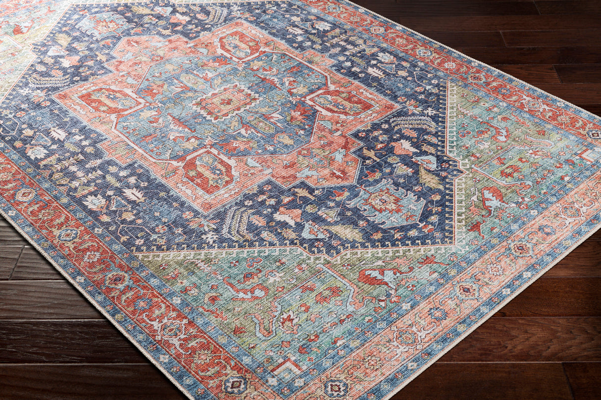 Surya Amelie Aml-2311 Navy, Peach, Grass Green, Coral Rugs.
