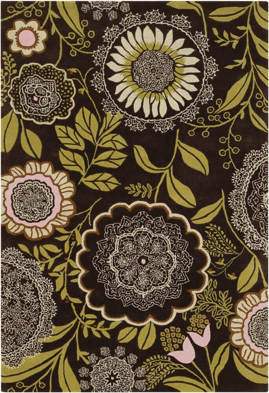 Chandra Amy Butler Amy13206 Brown / Cream / Pink / Green Floral / Country Area Rug