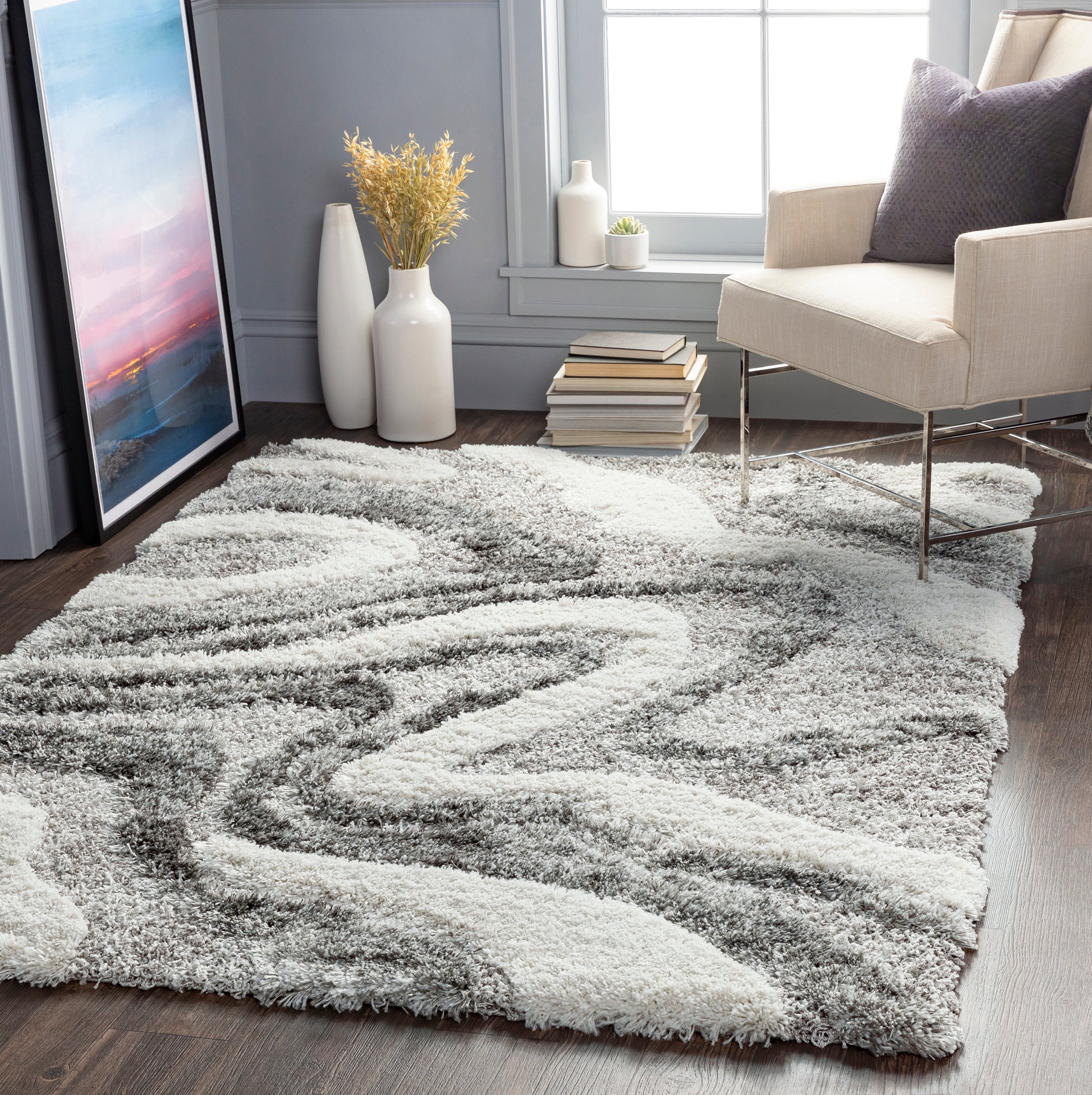 Surya Alta Shag Asg-2303 Charcoal, White, Light Gray, Medium Gray Area Rug