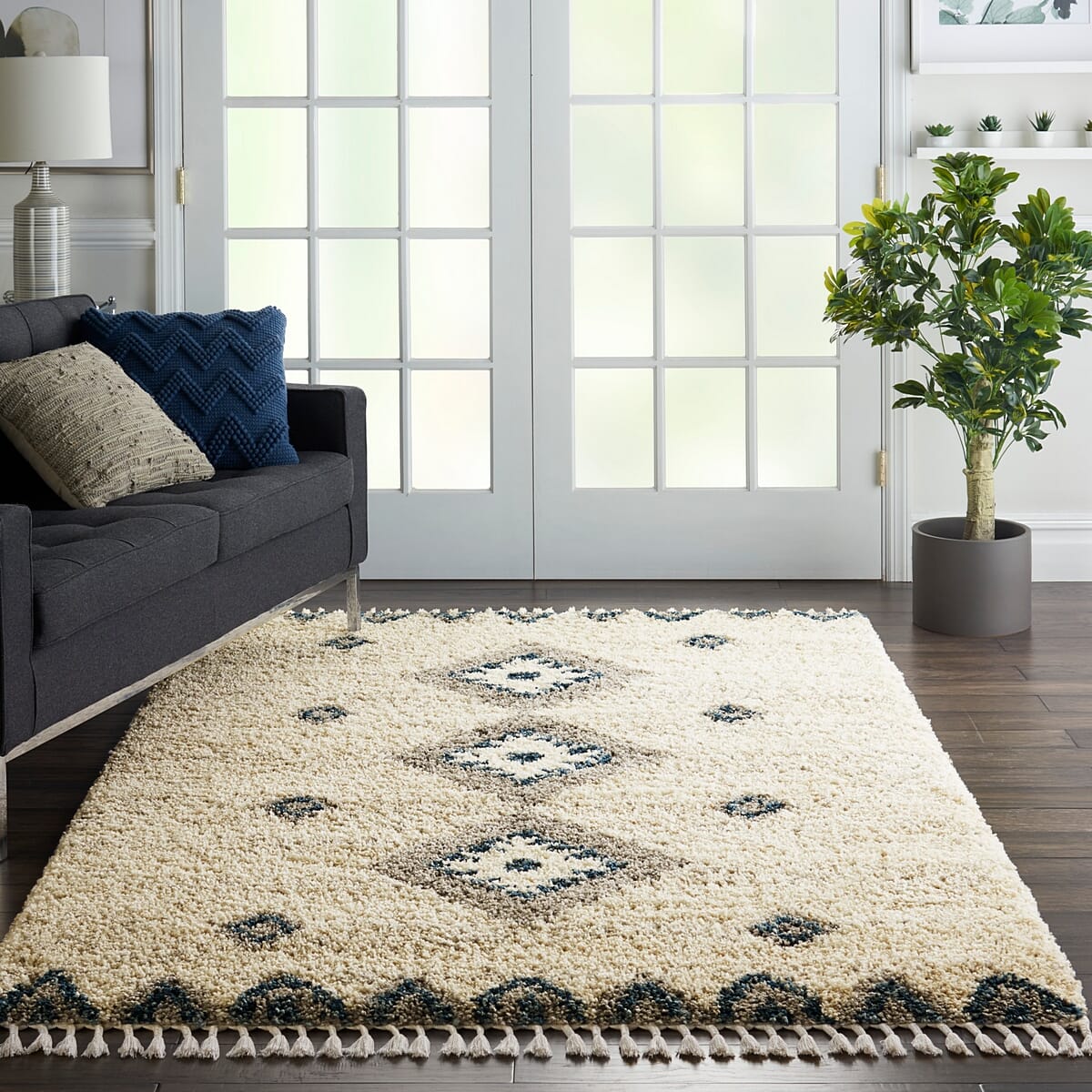 Nourison Oslo Shag Osl03 Ivory / Blue Moroccan Area Rug