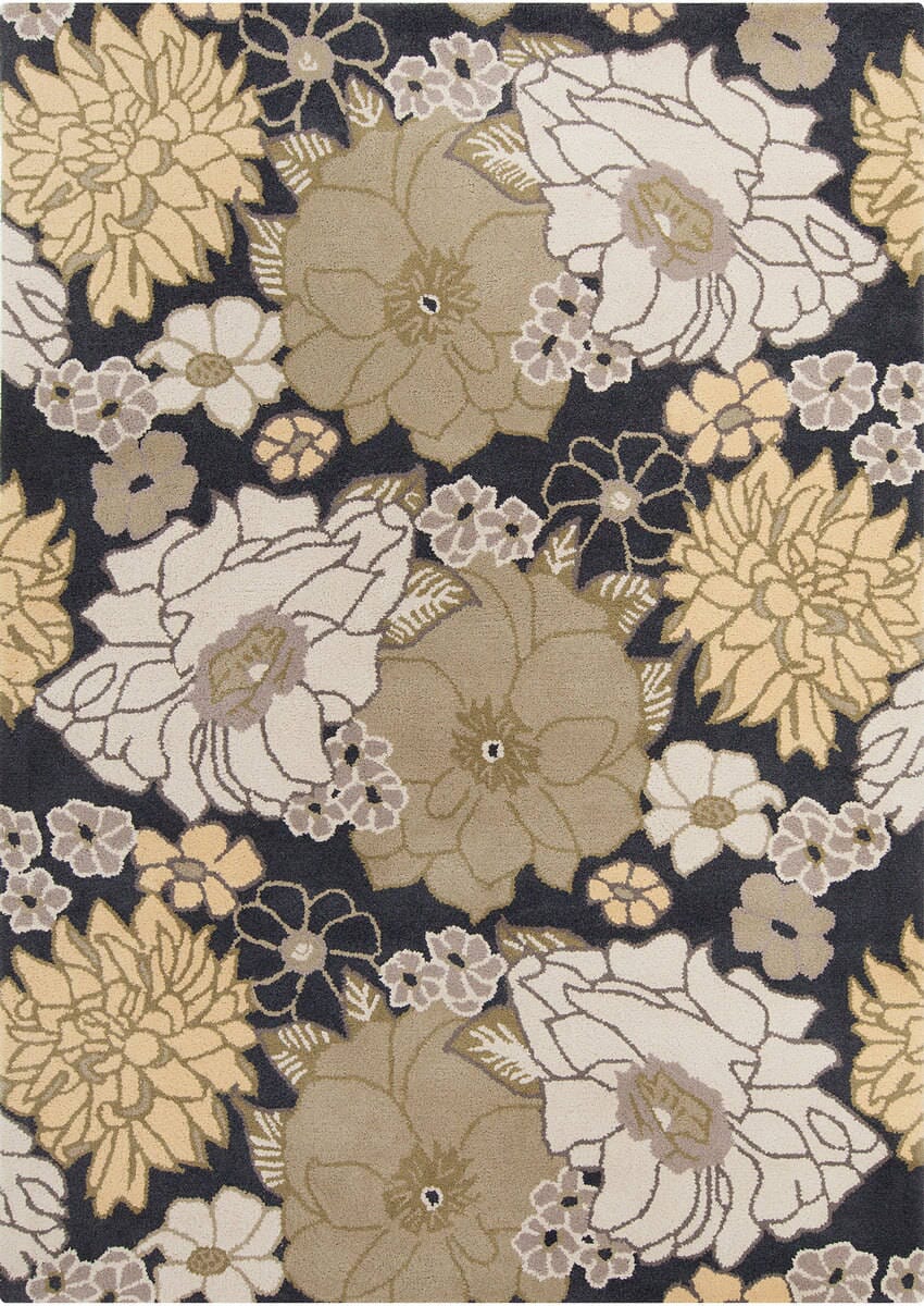 Chandra Davin Dav-25835 Black / Taupe / Yellow / Ivory Floral / Country Area Rug