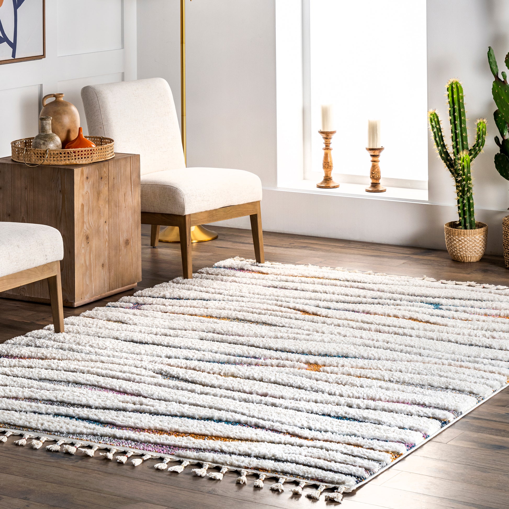 Nuloom Jodie Rainbow Zebra Tassle Njo2990A Ivory Area Rug