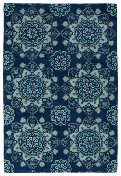 Kaleen Global Inspirations Glb12-22 Navy , Turquoise , Grey , Light Blue Damask Area Rug