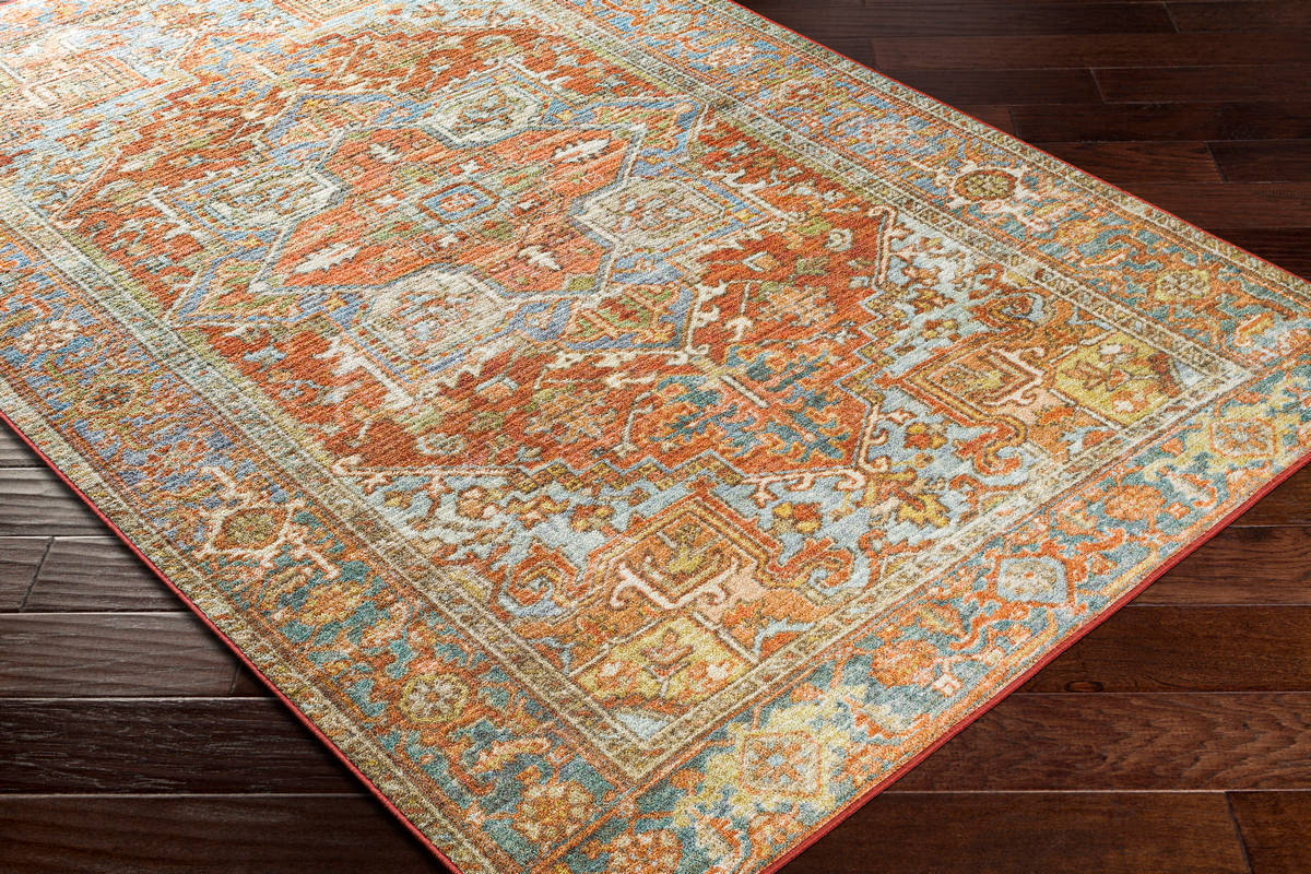 Surya Leicester Lec-2306 Burnt Orange, Coral, Dark Green, Dark Blue Rugs.