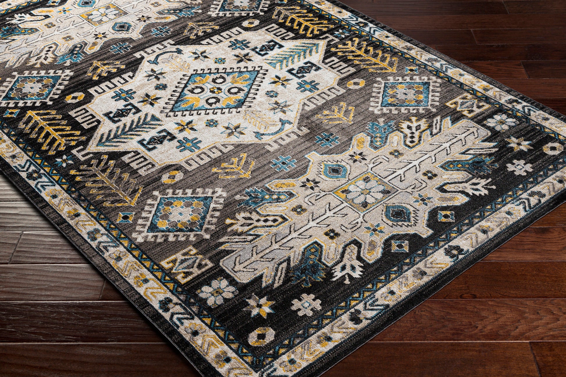 Surya Lavadora Lvr-2307 Black, Medium Gray, Sky Blue, Bright Yellow Area Rug