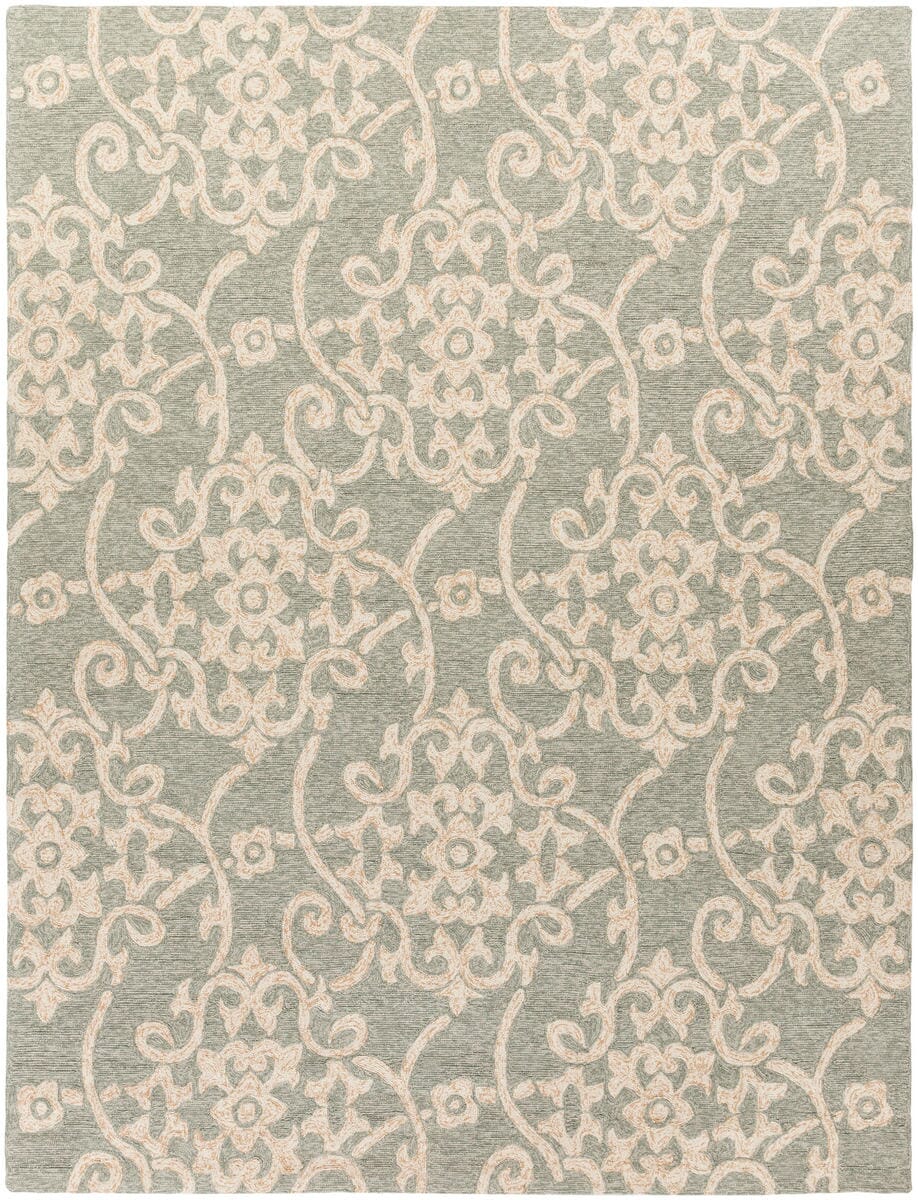 Surya Rain Rai-1103 Sea Foam, Emerald, Dark Brown Damask Area Rug