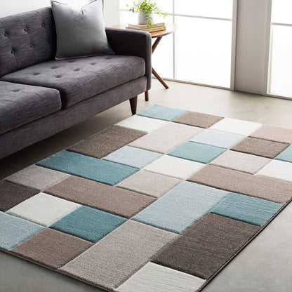 Surya Santa Monica Sac-2300 Aqua, Dark Brown, Taupe, White Geometric Area Rug