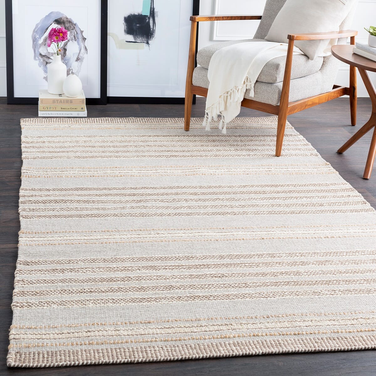 Surya Thebes Thb-1000 Taupe, Cream, Dark Brown, Wheat Striped Area Rug