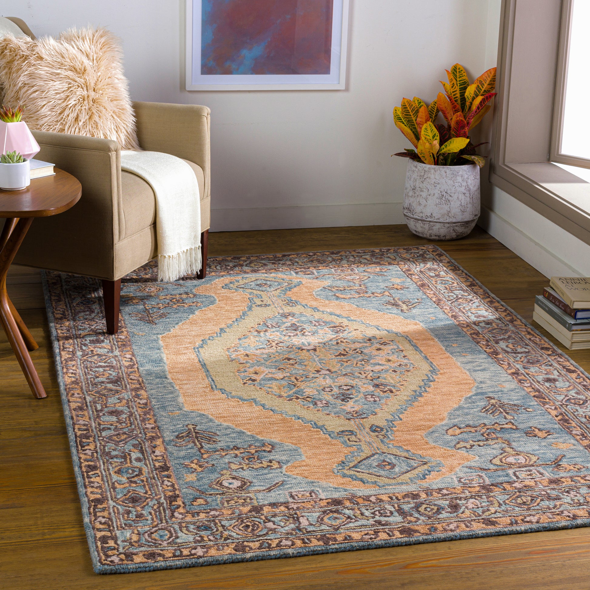 Surya Urfa Urf-2303 Camel, Peach, Aqua, Denim Area Rug