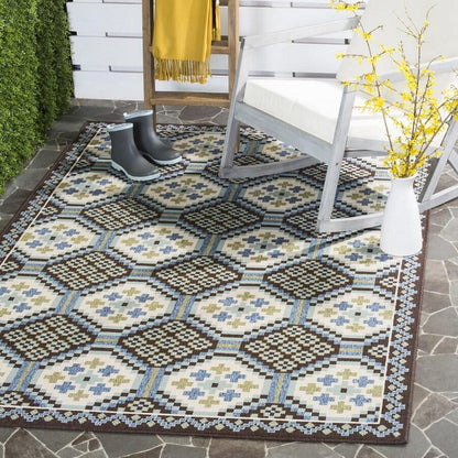 Safavieh Veranda Ver100-0652 Blue / Chocolate Damask Area Rug